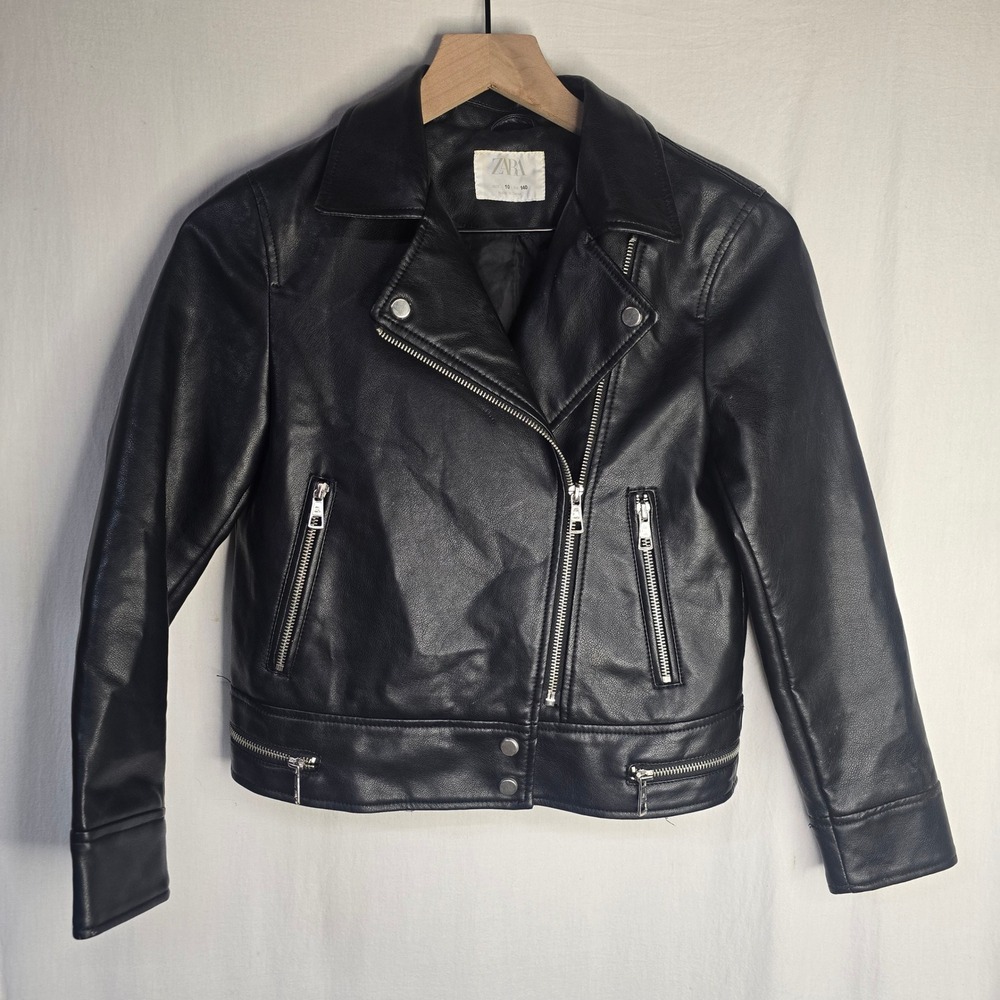 Zara Moto Biker Jacket Kids Size 10 Black Faux Leather Rocker Edgy Outerwear